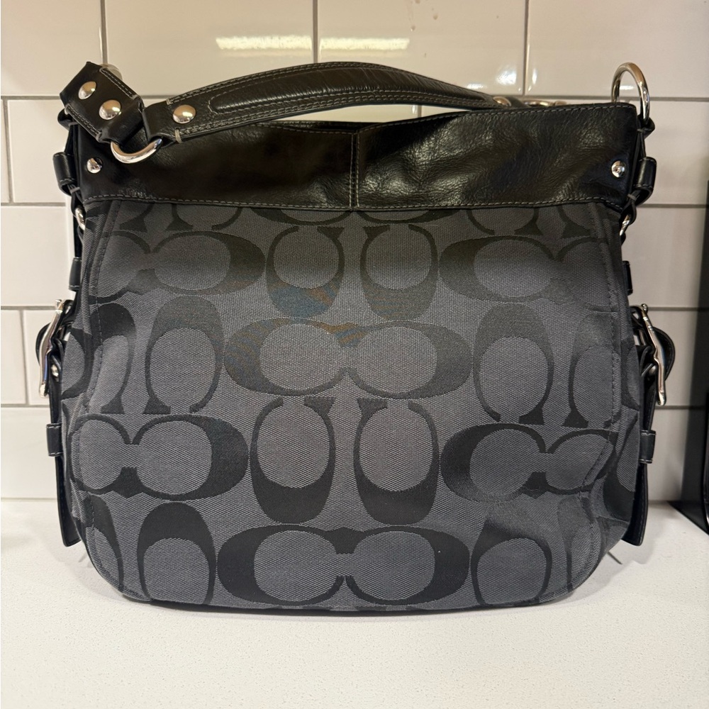 COACH Carly Black Signature Jacquard Black Leather Trim Zip C Hobo Shoulder Bag - Picture 2 of 8